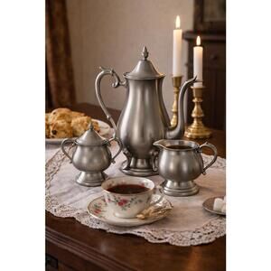 F.B. Rogers 1960s Provincetown Pewterlite Tea Set Teapot Creamer Sugar Bowl